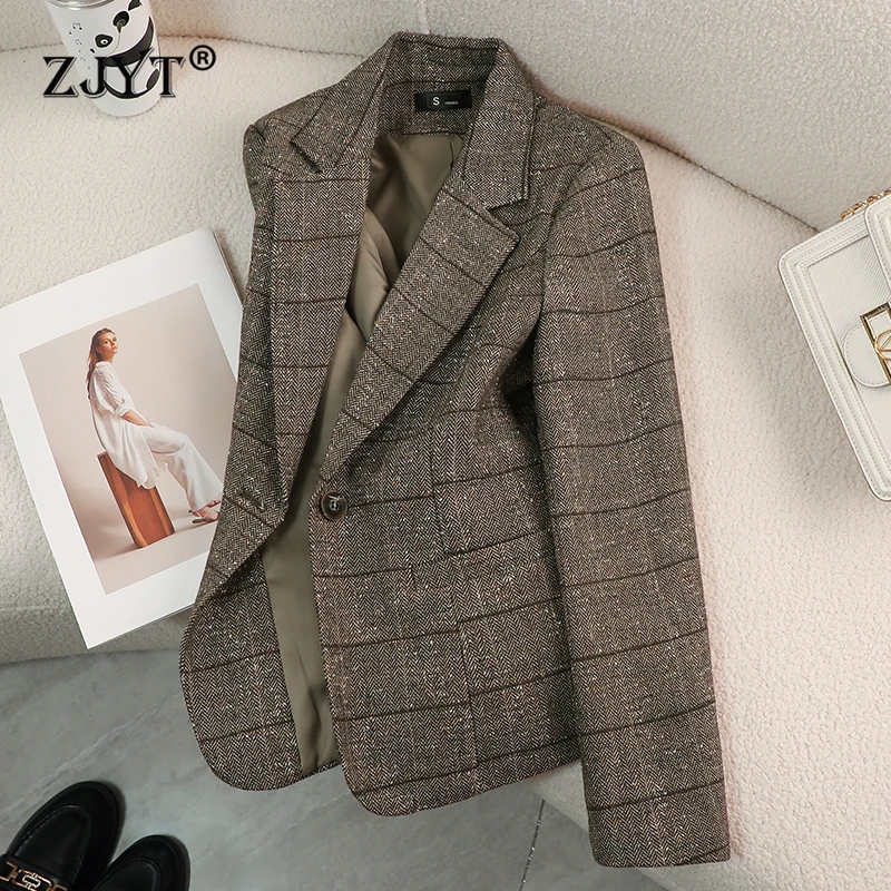 

ZJYT New 2024 Autumn Woolen Jackets for Women Winter Coats Long Sleeve Plaid Vintage Thick Outerwears Elegant Jaqueta Feminina