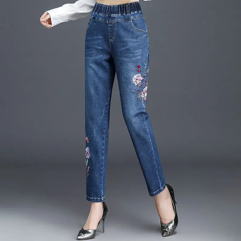 Women Jeans Vintage Floral Embroidery Blue Femme Harem Pants Korean Fashion Spring Summer Streetwear High Waist Denim Trousers