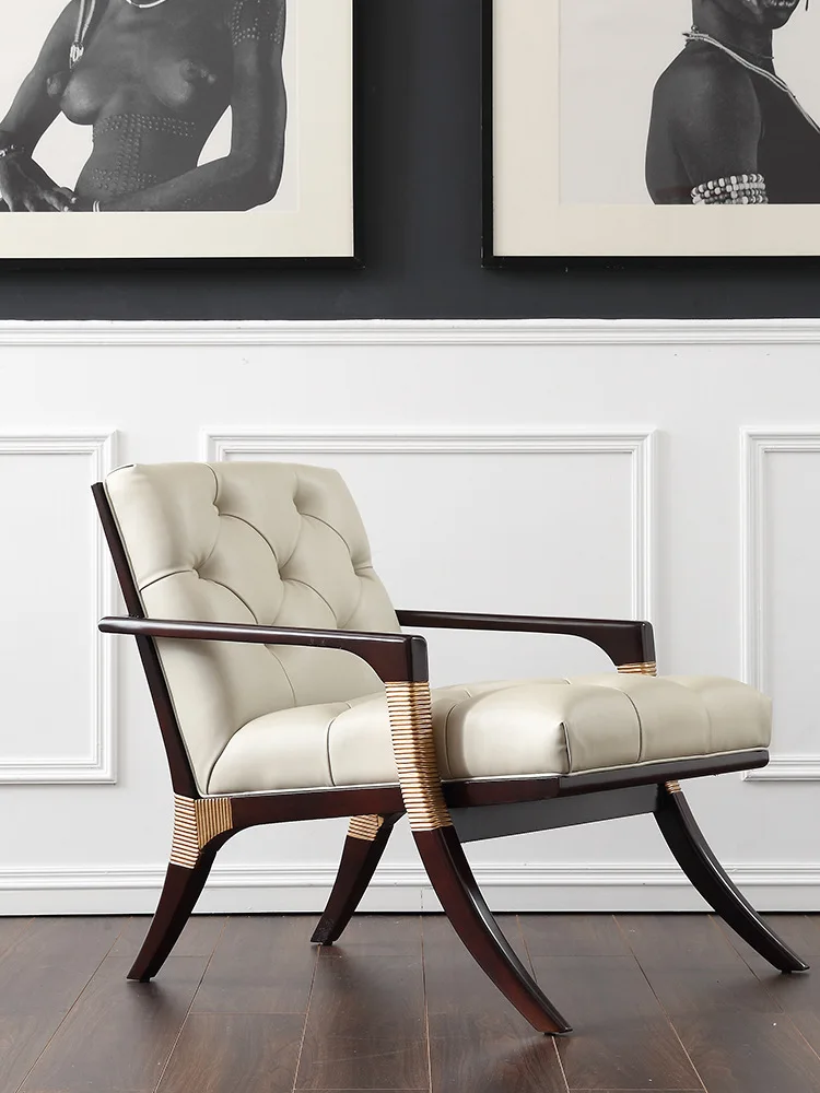 

Single sofa chair living room full solid wood designer first layer leather pull buckle lazy small comfortable