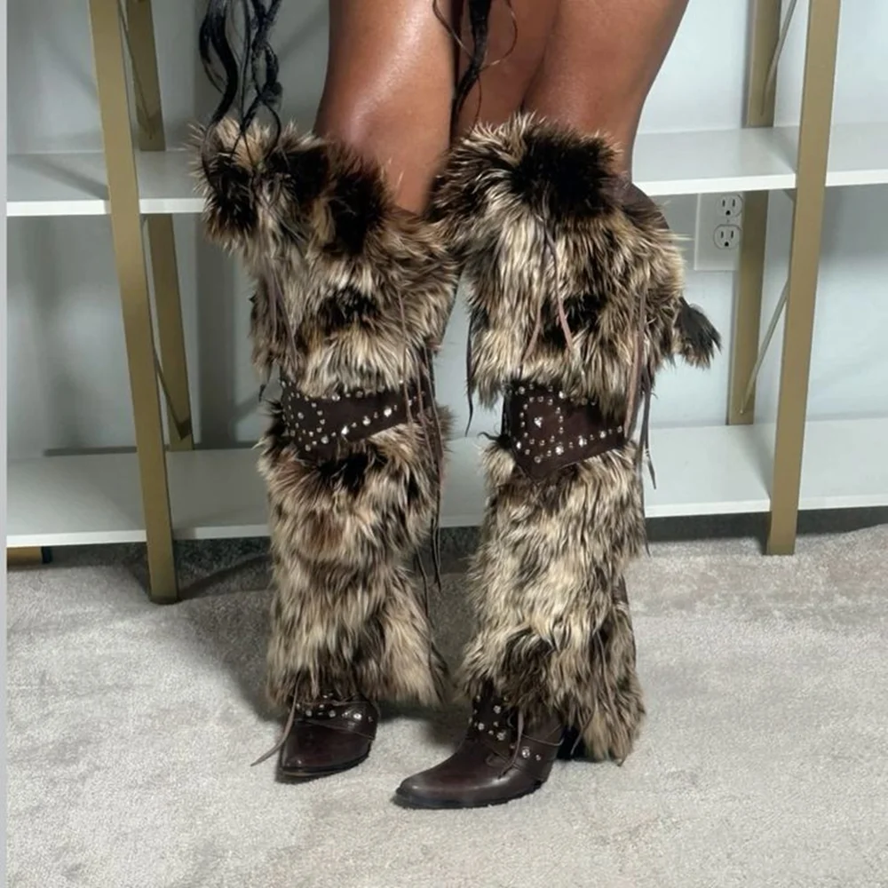 Vintage Over-The-Knee Faux Fur Cowboy Boots Brown Leather Studded Straps Pointed Toe Buckle Strap New Woman's Boots
