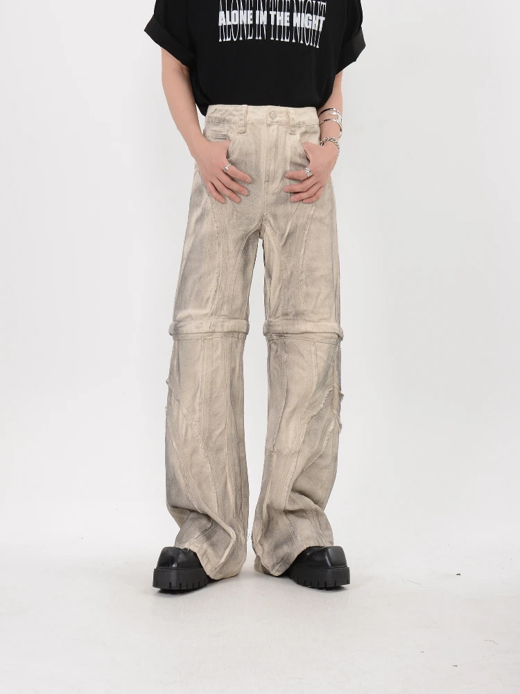 디컨스트럭팅 니치 디자이너 디자인 더티 워시 워른 진 남성용 탈부착 가능한 루즈핏 와이드 레그 바지