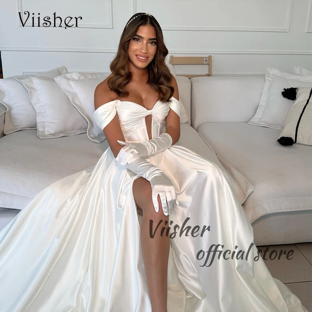 

Viisher White Satin Off Shoulder Wedding Dresses High Split Sexy Sweetheart Bohemian Bridal Gowns A Line Long Beach Bride Dress