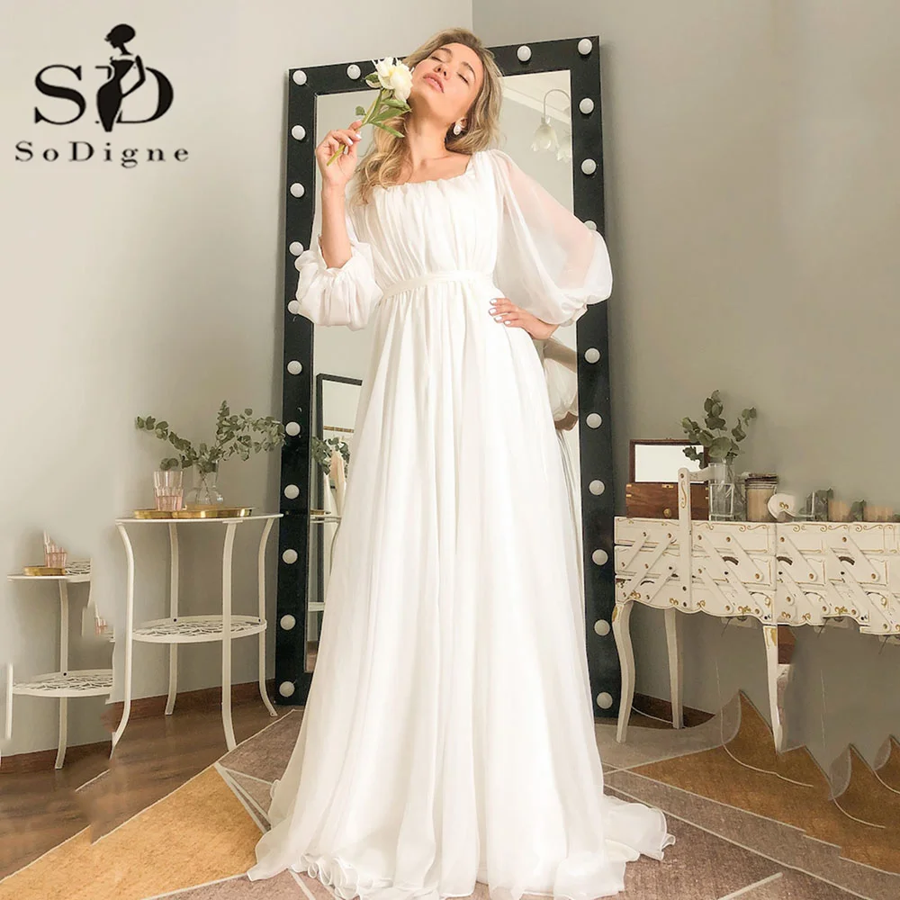 

SoDigne Minimalist Boho Wedding Dresses With Long Sleeves Silk Chiffon Long Sleeves Wedding Gowns Pleats Beach Bridal Dress