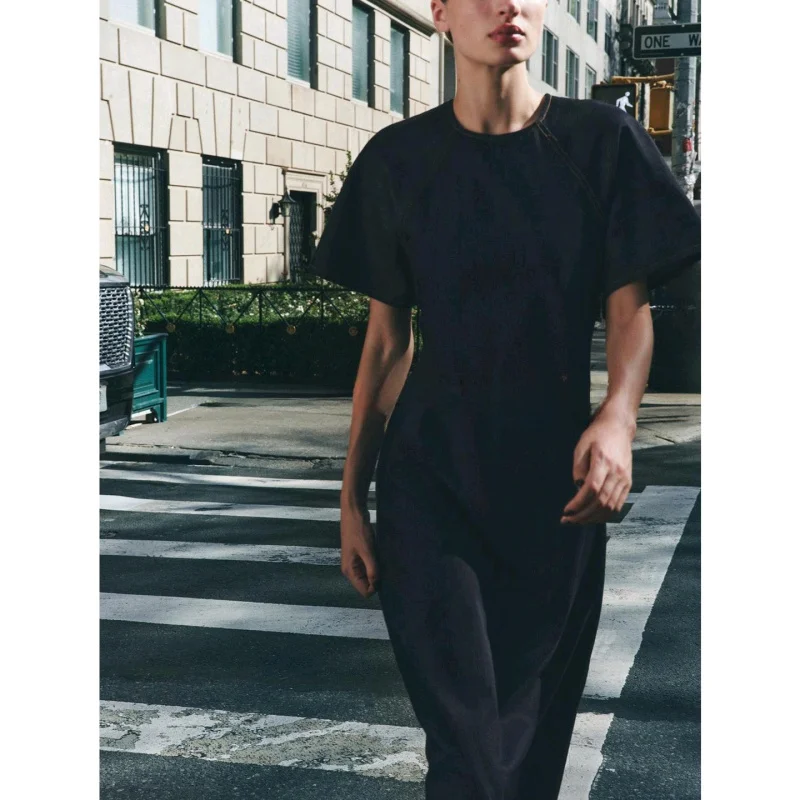 Vestido Jeans Longo F de Verão, Gola Redonda, Manga Curta, Corte em A, Acintu, em Camadas, Estilo Casual, Versão X...