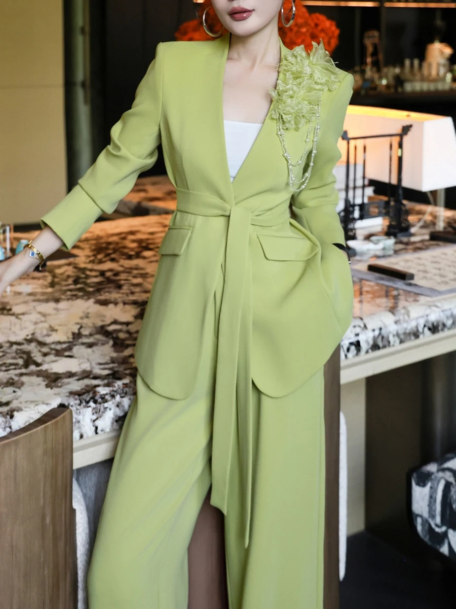 Twotwinstyle temperamento conjuntos de duas peças para mulheres com decote em v mangas compridas emendado 3d flor blazer perna larga calça conjunto roupas femininas