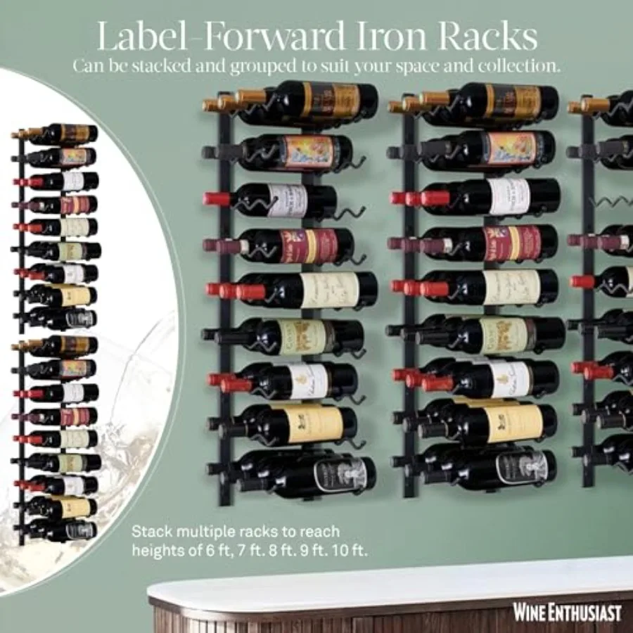 Wall-mounted metal wine rack for home bar use, black finish, holds 27 bottles with label-forward display and easy installation,