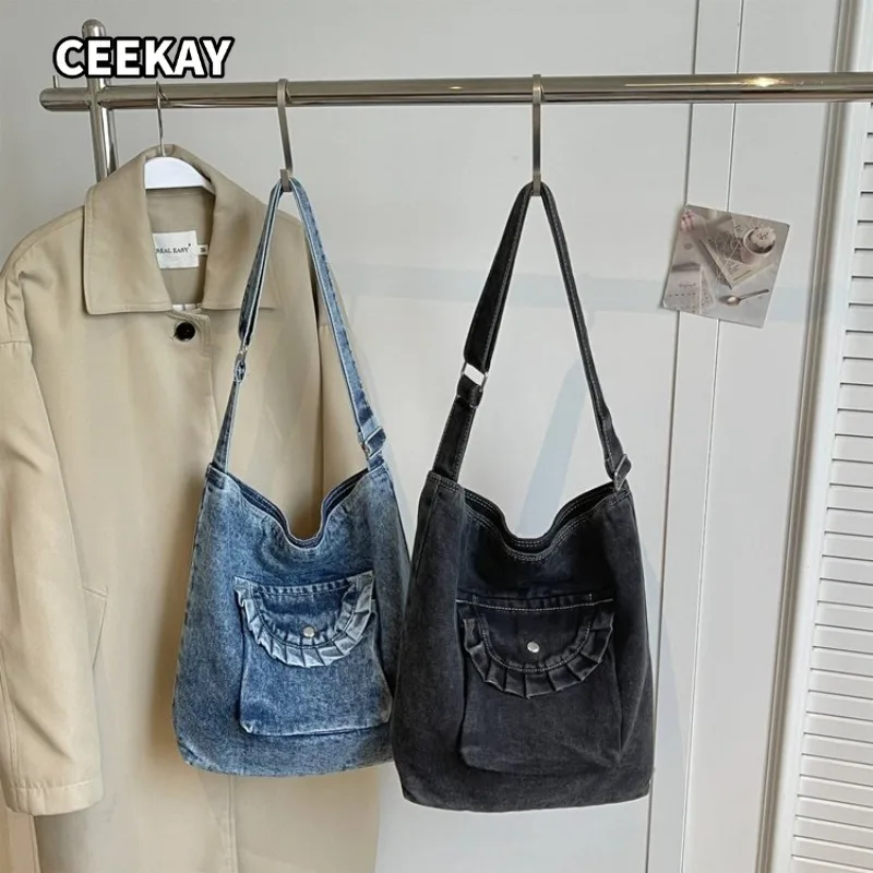 CEEKAY Women's Black Washed Denim Shoulder Bag Large Capacity Flap Pocket Versatile Everyday Commute Casual and Chic Style