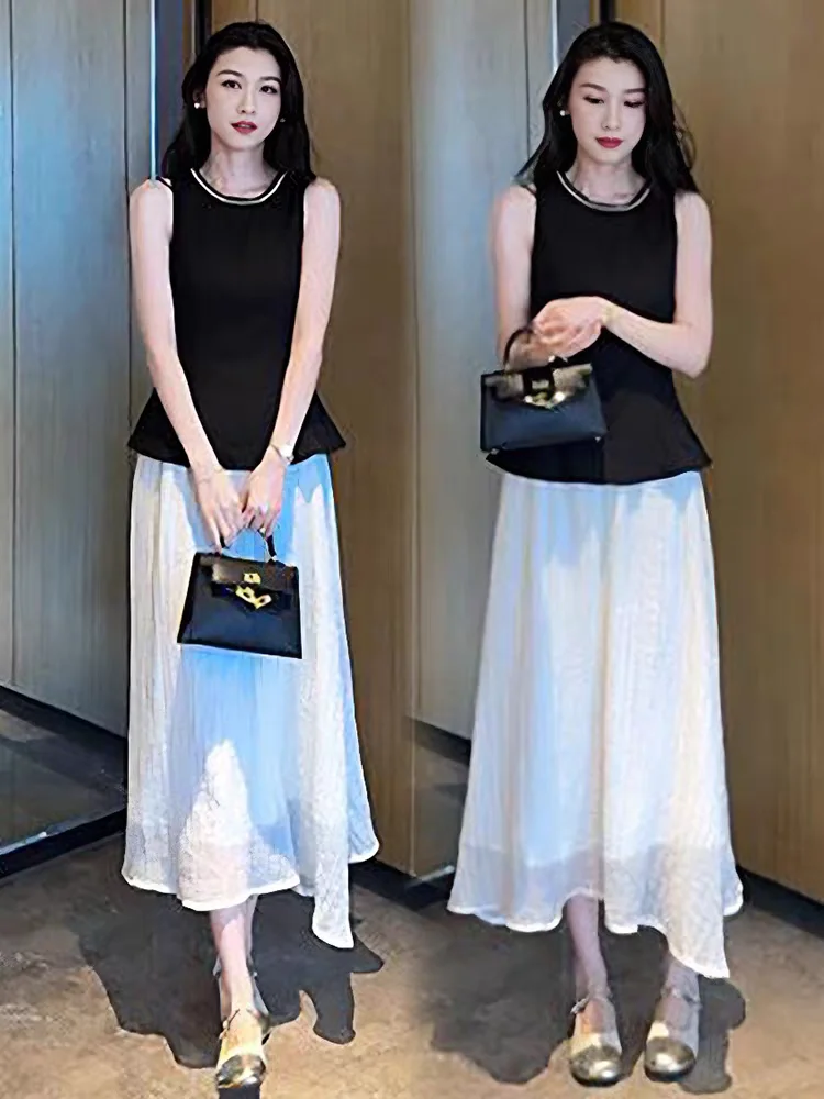 ファイオナブルサマー新作スリムラウンドネスベルドセットレディースハイウエストAラインスカートツーピースアンサンブル