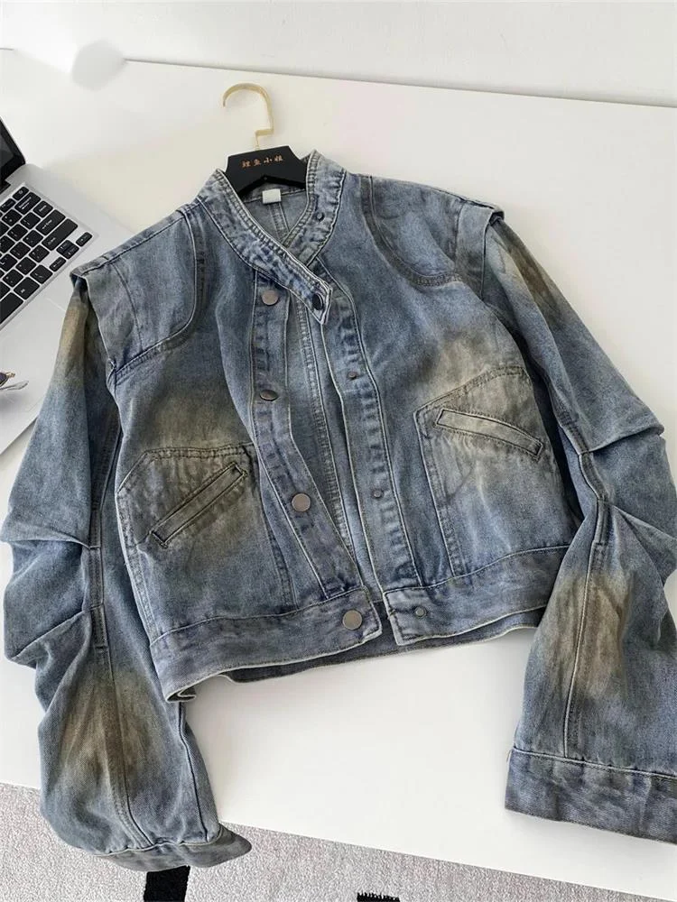 

Vintage Tooling Style Denim Coat Female Long Sleeves Buttons Pockets Chic Design Autumn Streetwear Short Jackets