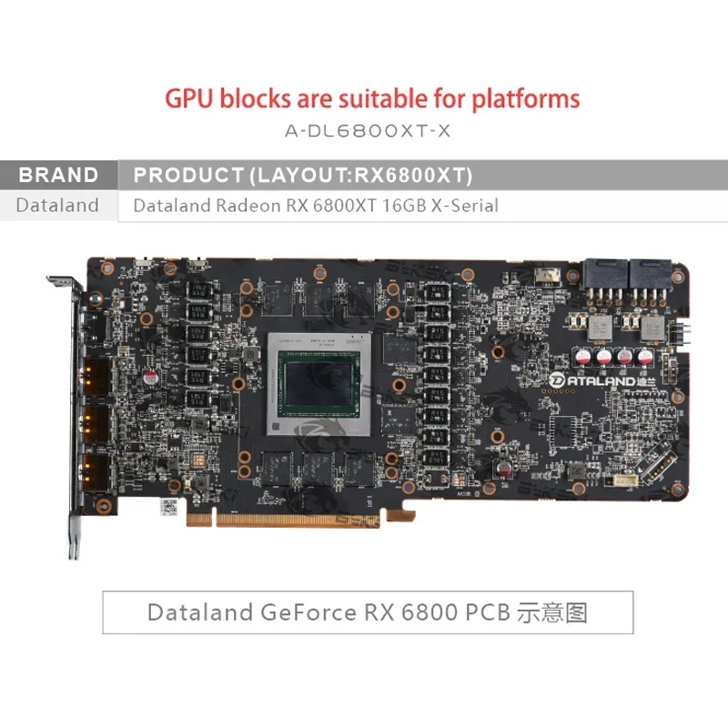 Bykski GPU Block for DATALAND Radeon RX 6800XT 16GB X-Serial Video Card Water Cooling / Full Cover Design A-DL6800XT-X
