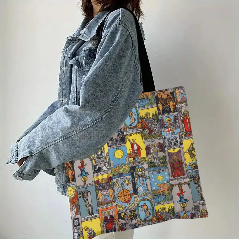 The Major Arcana of Tarot Printed Tote Bag Shopper Handbag Girl Shoulder Shopping Bag Casual Outdoor Beach Tote Bag