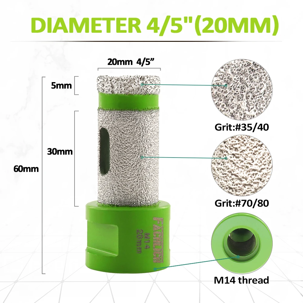 FACHLICH 1pc Dia20mm Diamond Drilling Milling Finger Bits Vacuum Brazed Tool For Tile Marble Stone Grinding Hole Saw M14 Thread