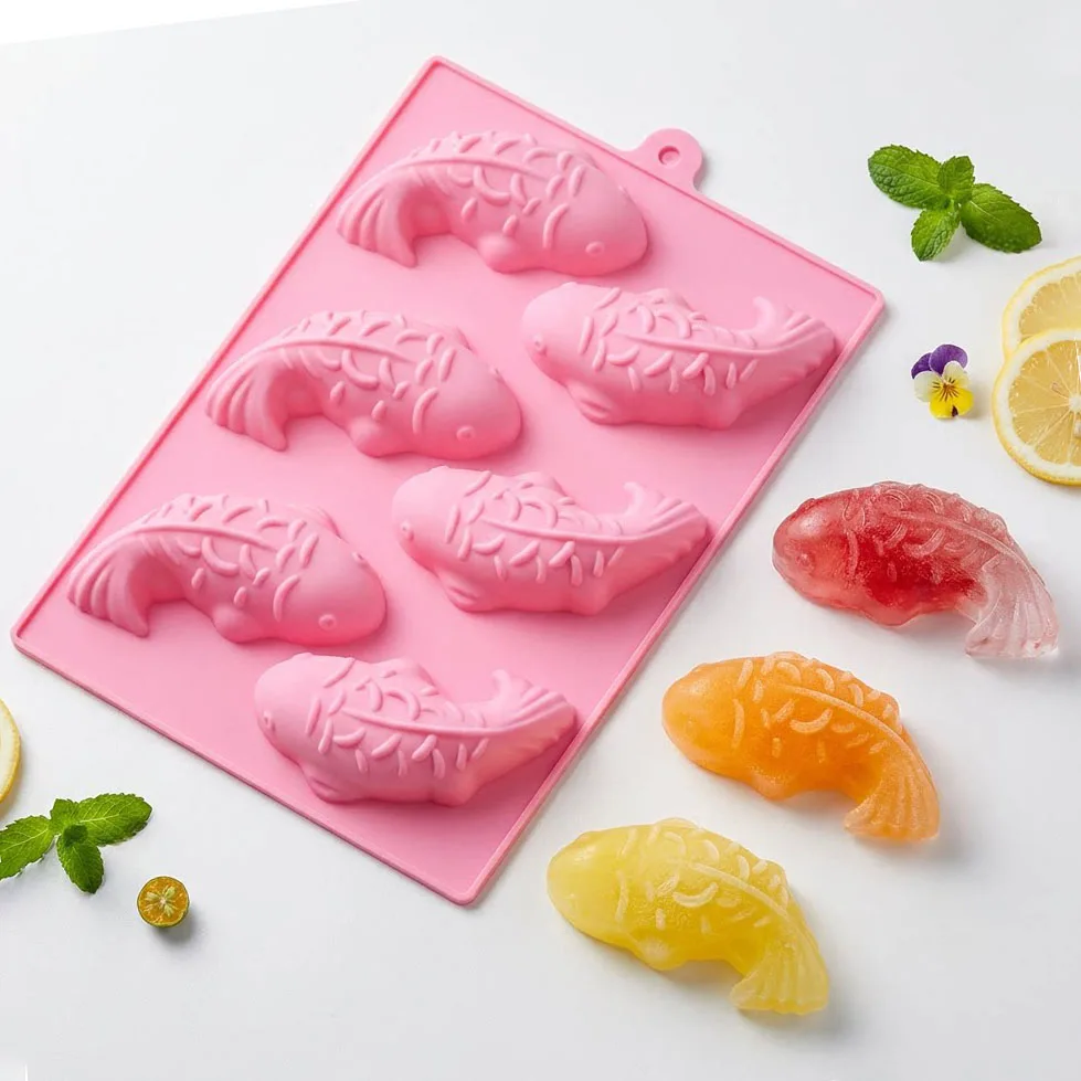 6-Cavity Silicone Mold Carp Fish Design for Mousse Cake Pudding Rice Cake Ice Cube Handmade Soap Gypsum Craft Baking Tool