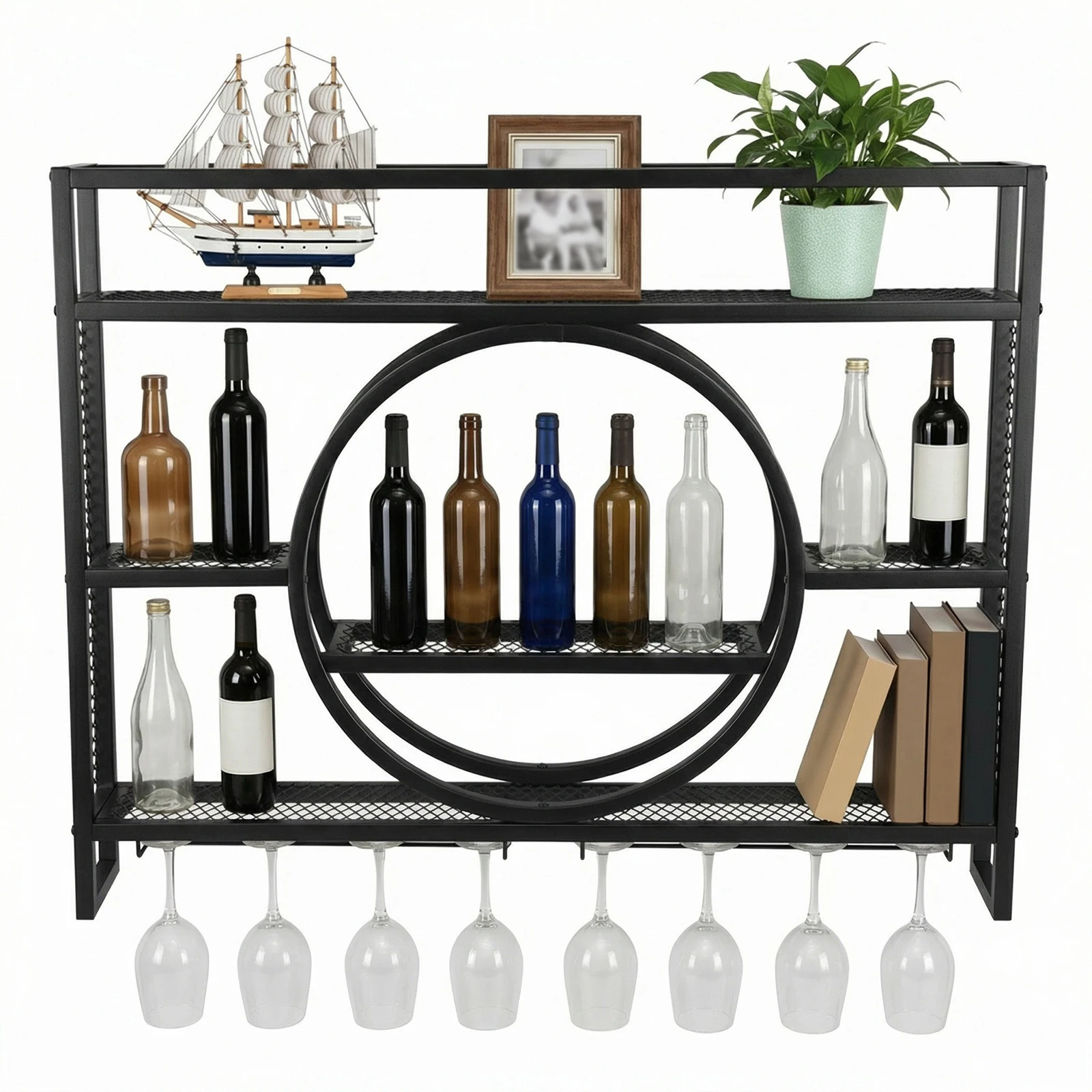 

Металлическая настенная винная полка-стеллаж на 3 уровня с LED-подсветкой и держателем для бокалов для домашнего бара и столовой