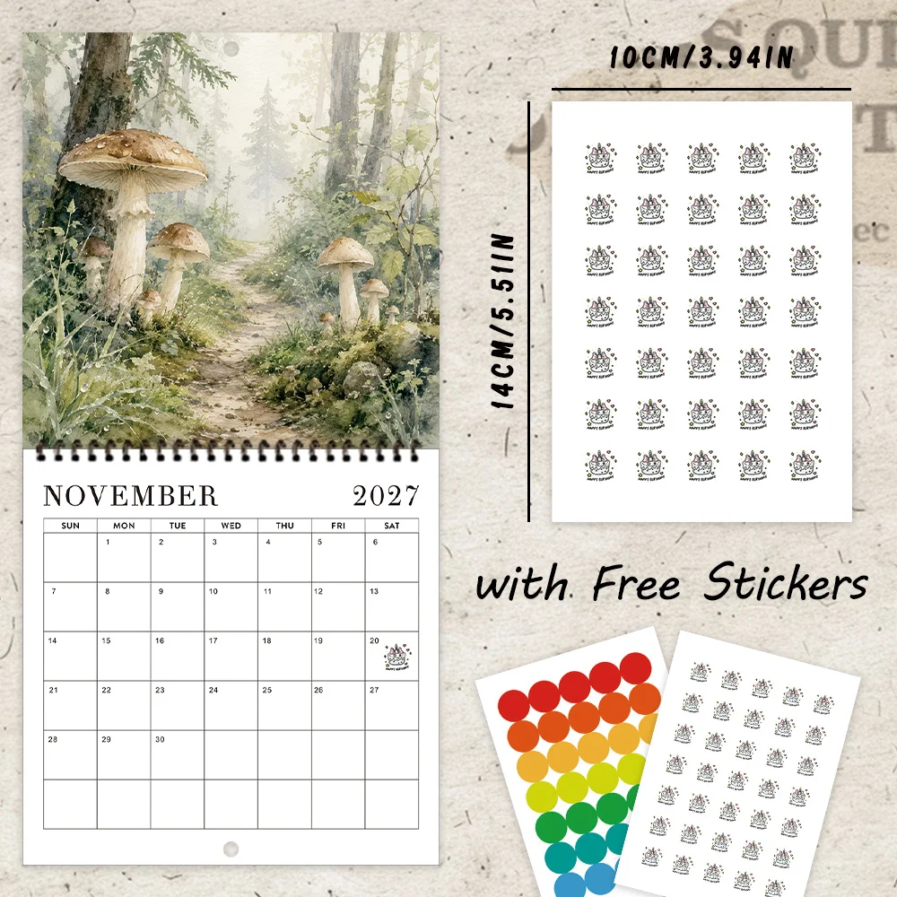 1pc 2027 Magic Mushroom Wall Calendar,12‑Month Planner,Gift For Back‑to‑School,Christmas,New Year,Free Stickers Included
