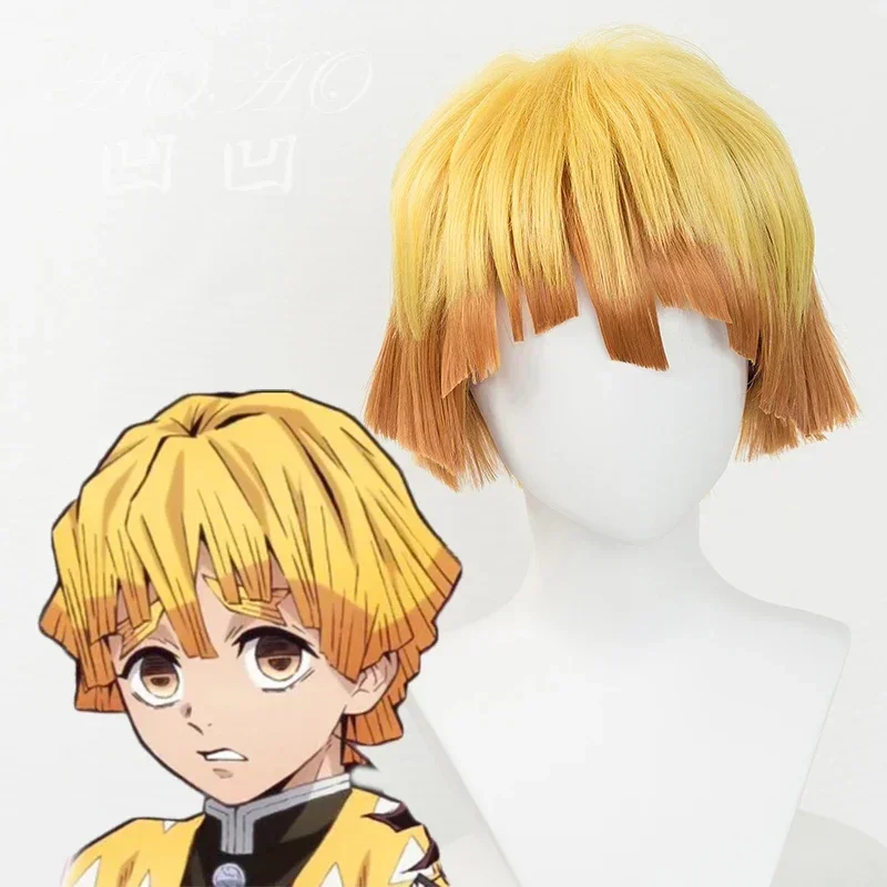 Anime Demon Slayer: Kimetsu no Yaiba Zenitsu Agatsuma Short Golden Brown Wig Heat Resistant Hair Cosplay Costume Wig   Wig Cap