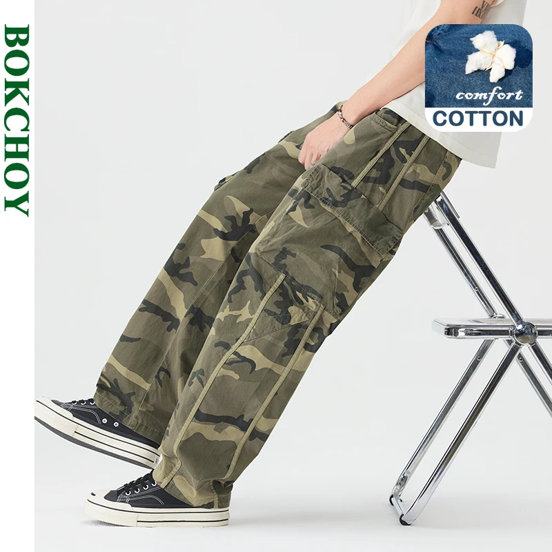 

2026 Spring Summer New Multi-pockets Cargo Straight Camouflage Pant for Men Comfort Cotton Drawstring Pants GF261232
