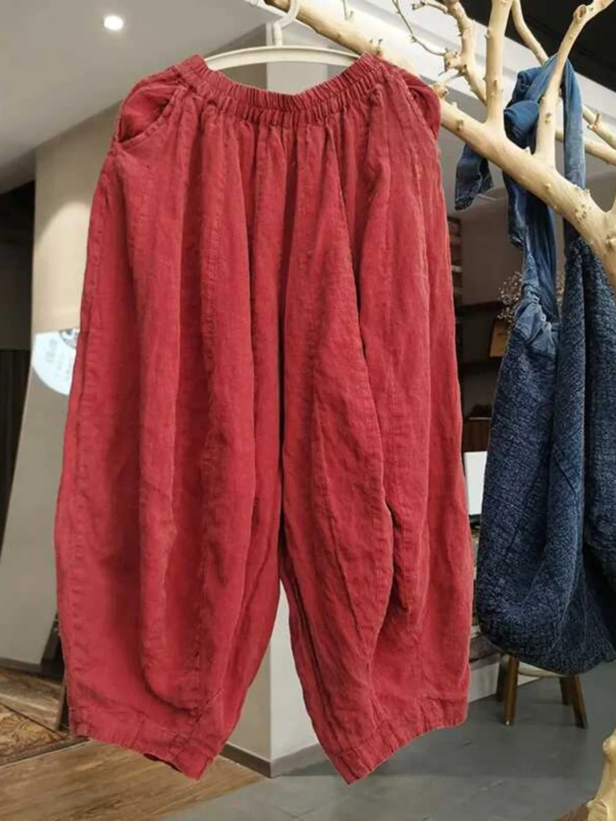 Retro Artistic Cotton Linen Lantern Pants Elastic Waist Loose Slim Multi-Panel Nine Points Women's Casual Pants Summer 2024