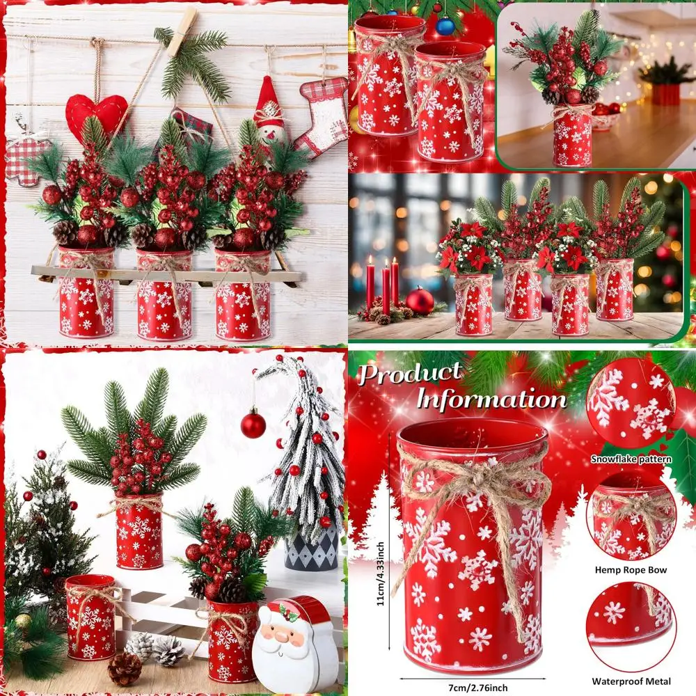 

Vintage Farmhouse Style Snowflake Vase Centerpieces, 4.33 Metal Flower Vases with Twine Bows for Christmas Table Decor