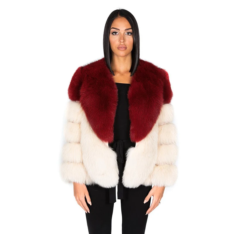Natural Fox Fur Coat Women Winter New Contrast Color Long Sleeve Lapel Outertwear Luxury Natural Fox Real Fur Jacket Female