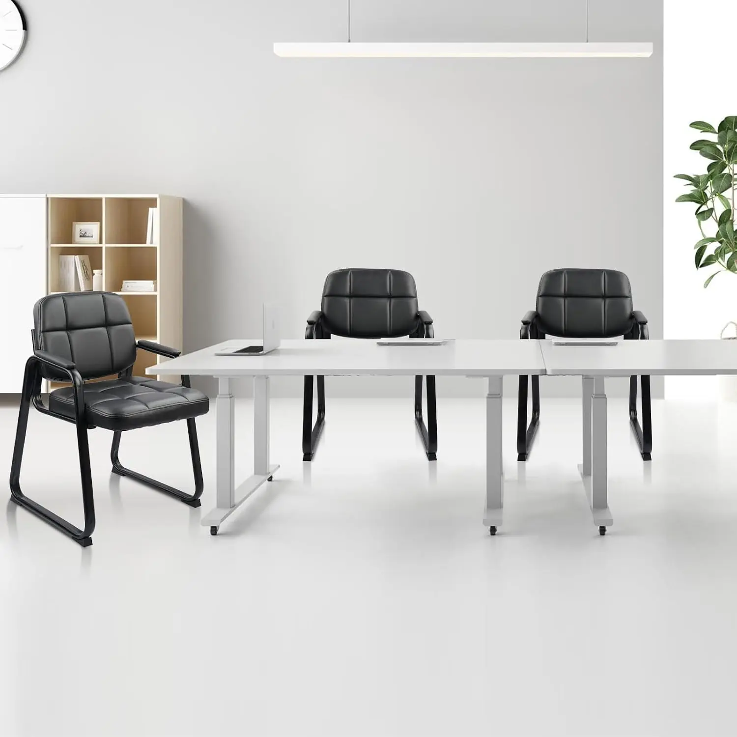 Leather Office Guest Chair Sled Base No Wheels Armrests Lumbar Support Reception Meeting Lobby Black 6PK, Customized