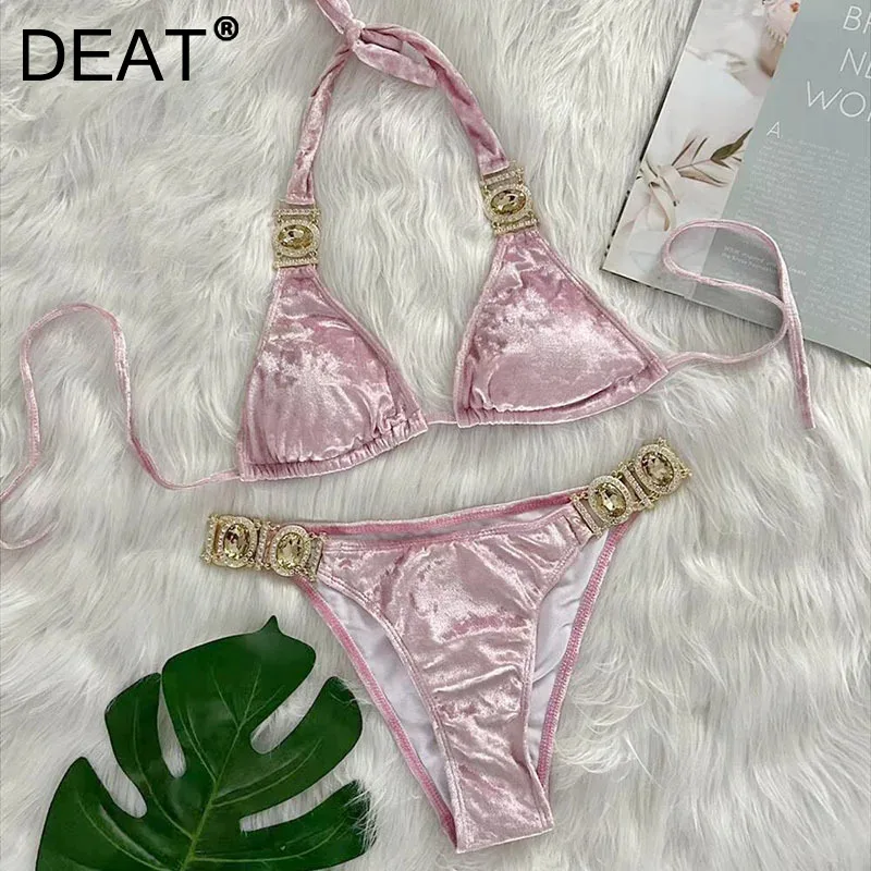 DEAT New Items Fashion Women's 2024 Summer Casual Bikini Set Velvet Halter Bandage Diamonds Swimsuits Trendy Female 11XX9157