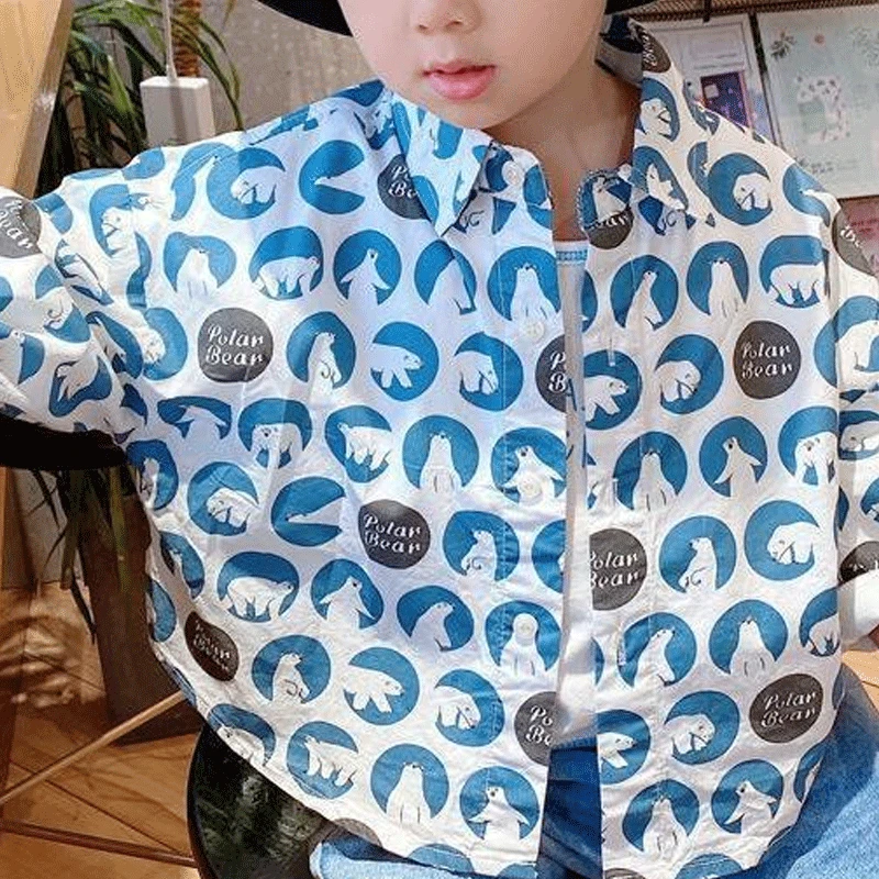 Spring New Fashionable Kids Clothes Korean Version Trend Long Sleeve Lapel Single-breasted Cartoon Pattern Casual Cotton Shirt