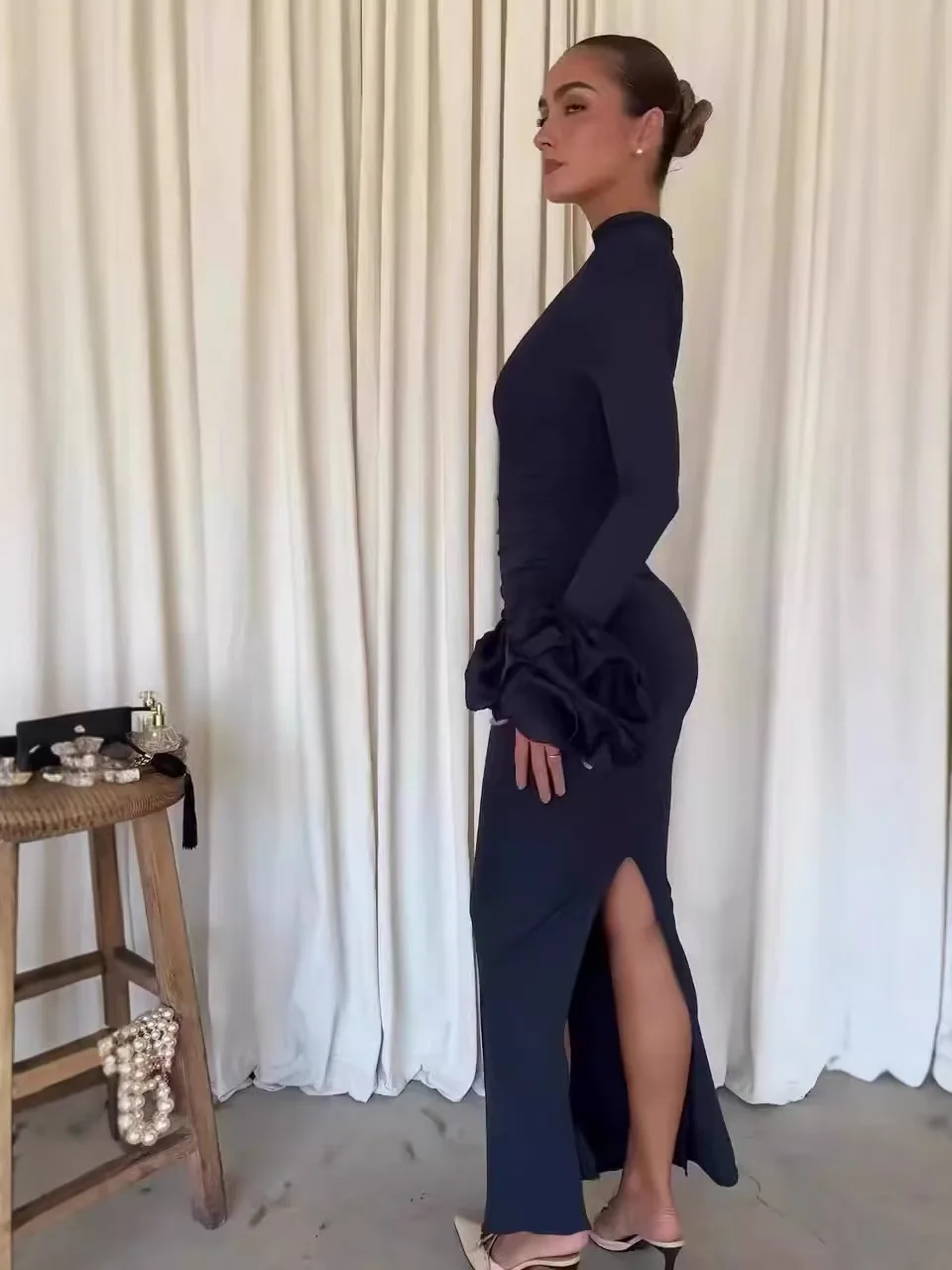 Ele Long Sve Slit Dr Par Abito a vita alta in tessuto chiffon Pendolarismo Sle Primavera Estate Donna Lungo Dr