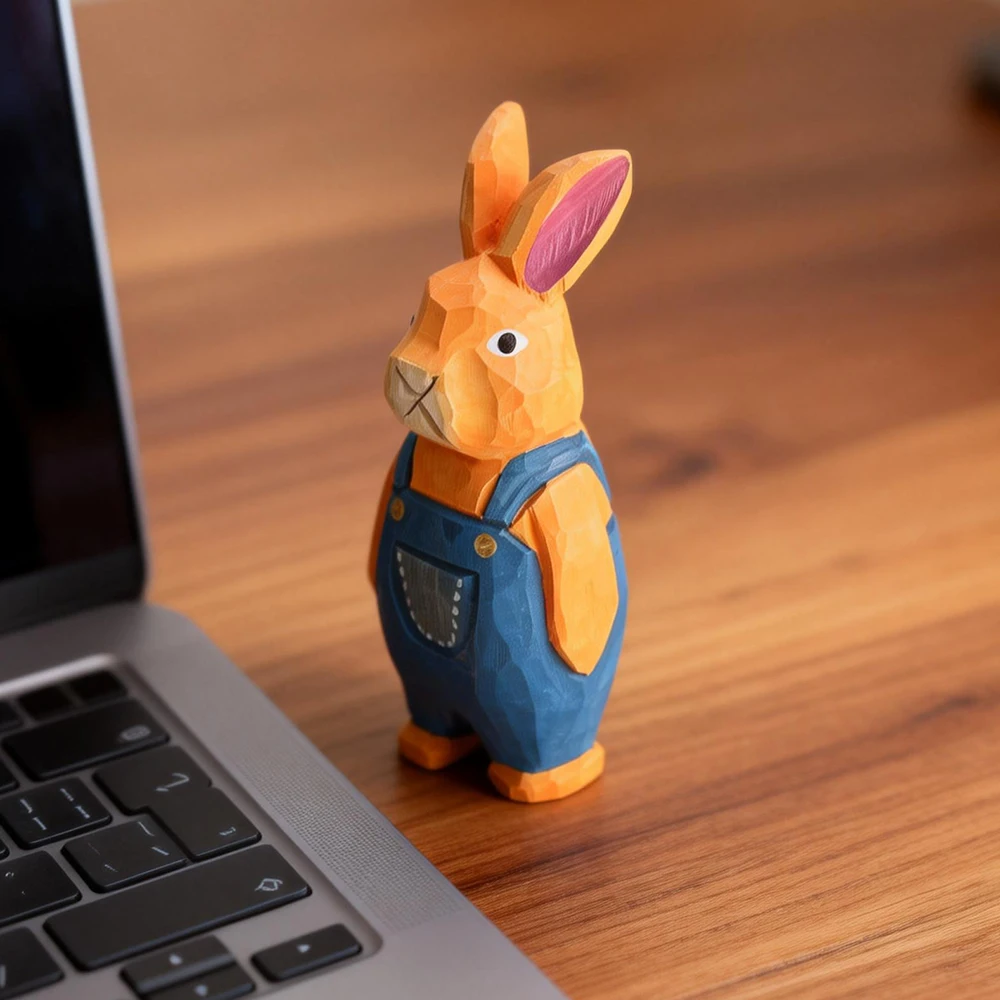 Hand Carved Wooden Rabbit Figurine Cute Bunny Statue Desktop Ornament Home Decor Easter Gift Birthday
