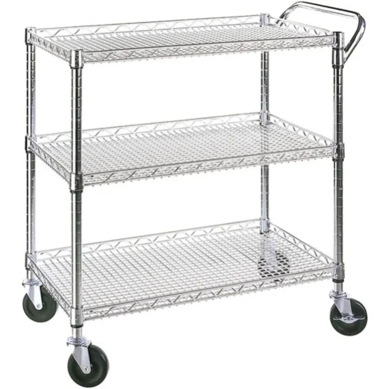 Heavy Duty 3 Tier Rolling Utility Cart on Wheels - Metal Serving Cart with Wire Shelving and Handle Bar for Kitchen, Office