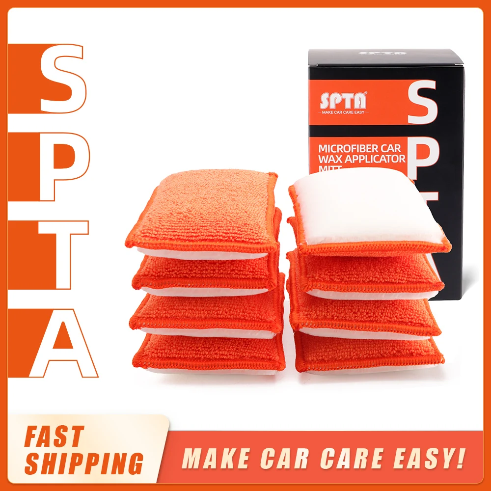 SPTA 8pcs Orange Car Interior Scrubbing Washing Sponge Microfiber Car Wax Applicator Different Sides Hand Waxing Pads