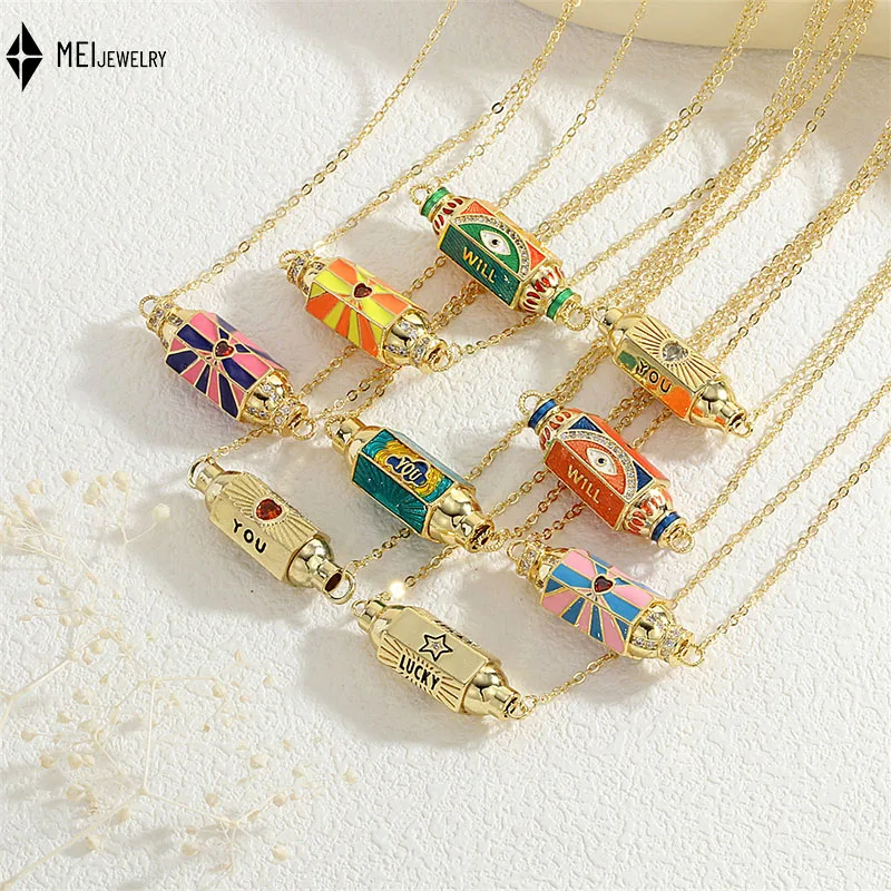 

Hexagonal Bucket Pillar Pendant Necklace Retro Copper Inlaid Cubic Zirconia Multi-Faceted Oil Dripping Evil'S Eye Necklace ﻿