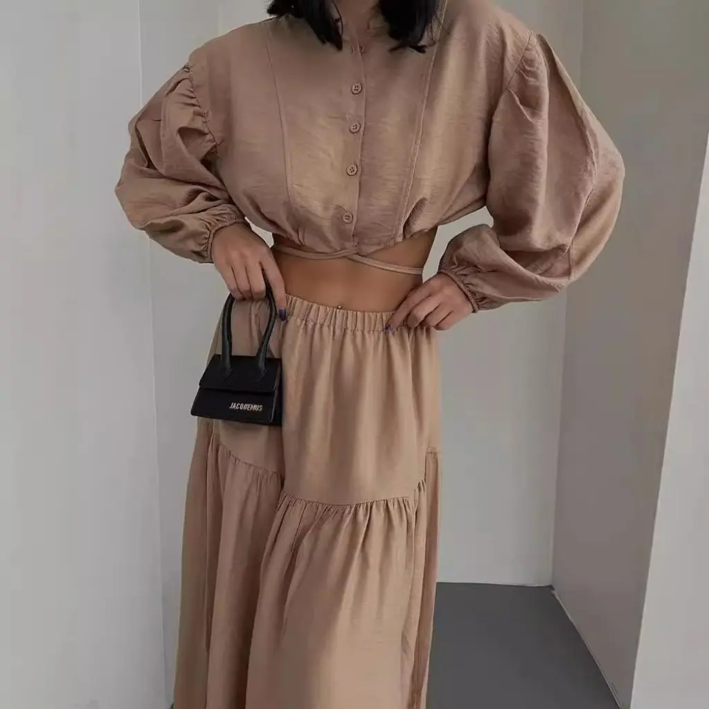 

Lace-up Long Sleeve Top And Pleated Split Skirt Set Women's Fashion Ensemble European American Style