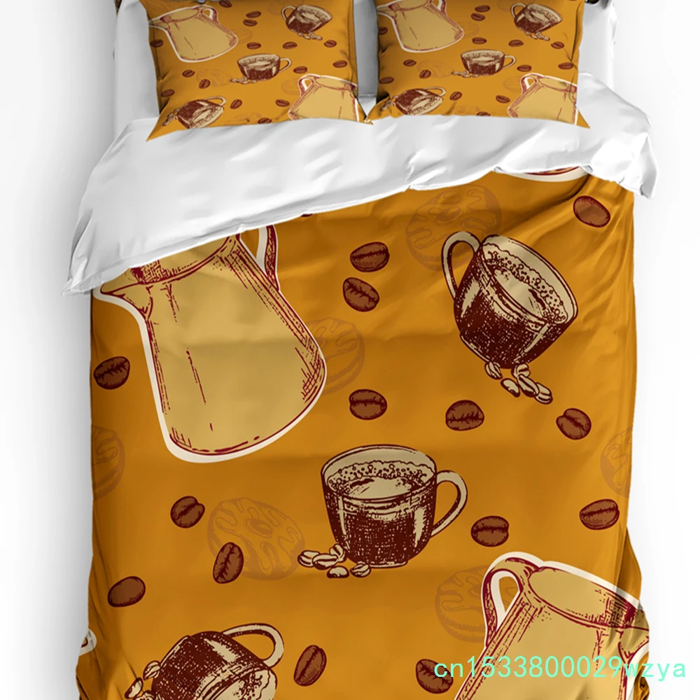 Brown Coffee Beans Coffee Cup Bedding Set 3pcs Duvet Cover Pillowcase Kids Adult Quilt Cover Double Bed Set Home Textile