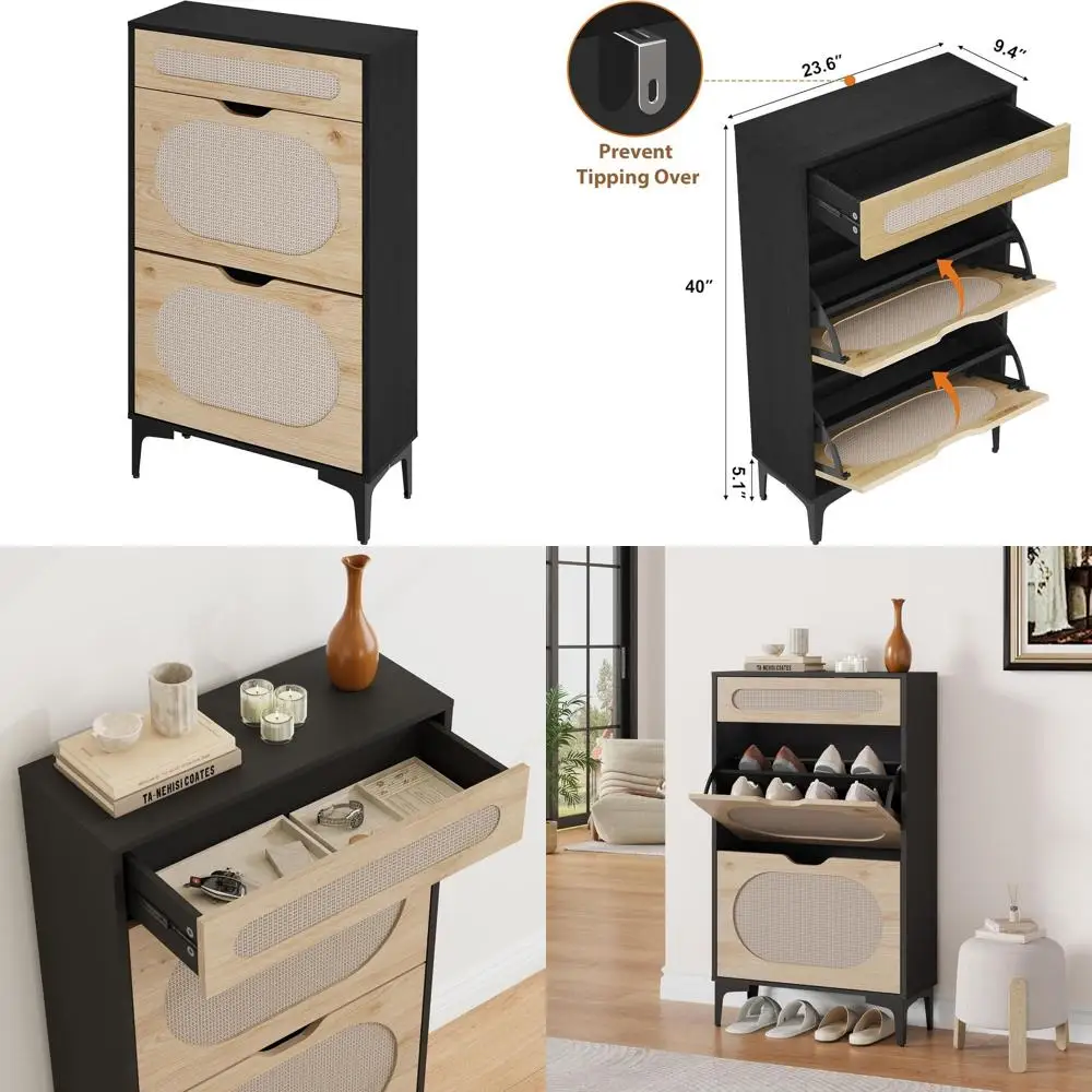 

Rattan Shoe Cabinet with 2 Doors and 1 Pull-Out Drawer, Metal Legs, Adjustable Shelves, Entryway Organizer for Small Spaces, Bla