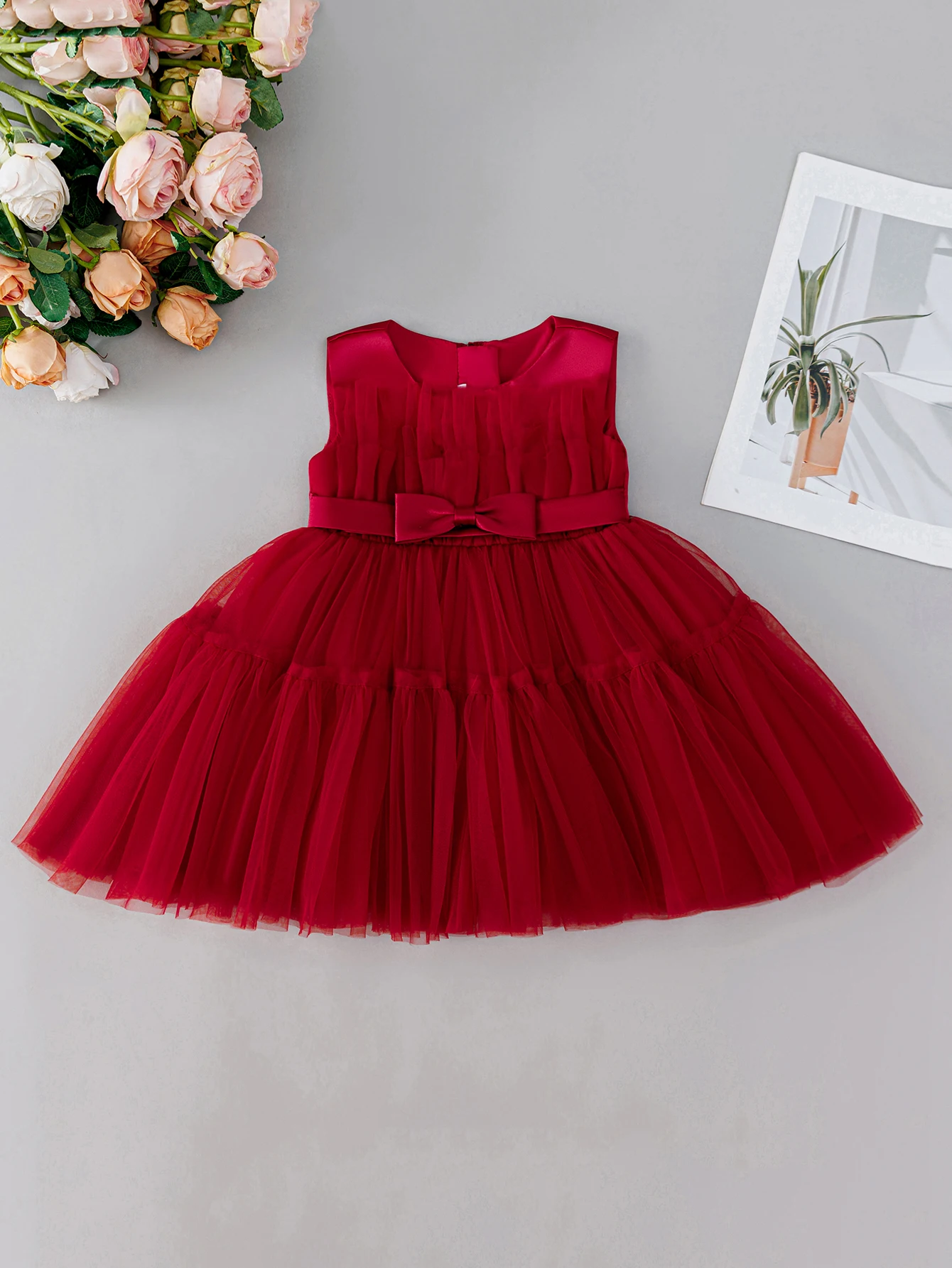 0-2 Year Old Baby Dress Wine Red Fluffy Gauze Dress Birthday Party Dress