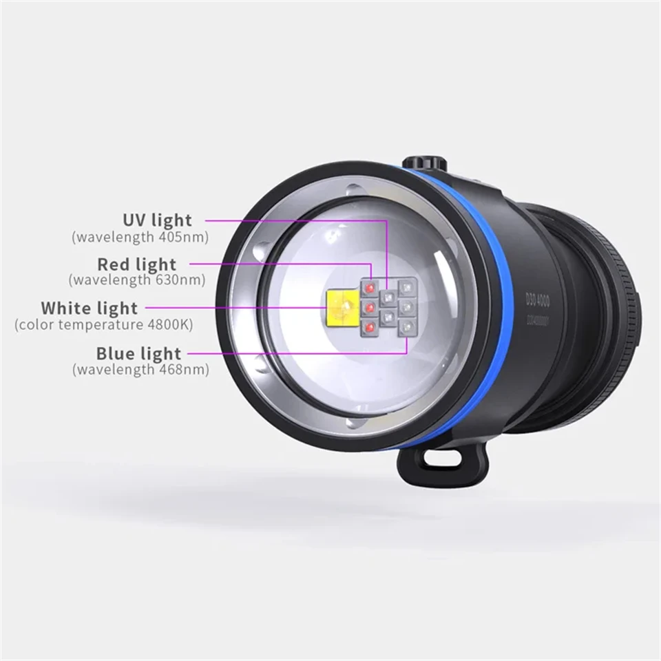 XTAR D30 4000 lumens Powerful Underwater Flashlight High CRI Red Blue UV White LEDs Diving Torch Snorkeling Scuba Cave Dive Lamp
