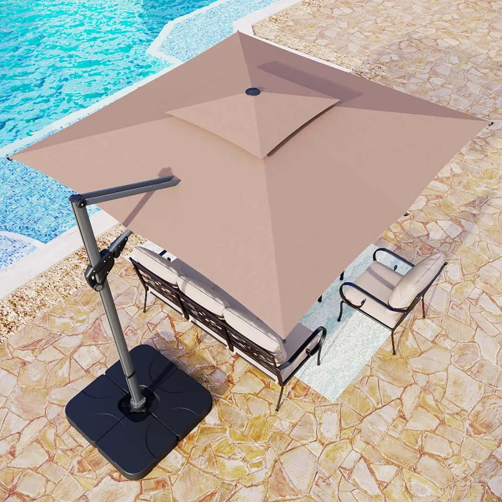 Outdoor Square Large Double Top Aluminum Offset Umbrella with Cross Base, Infinite Tilt, 360 Degree Rotation for Backyard Deck