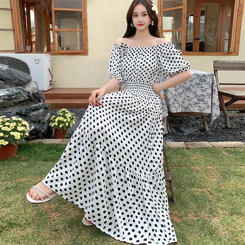 Abito lungo da spiaggia Boho in cotone estivo Abito lungo leopardato a pois con applicazioni di fiori alla moda