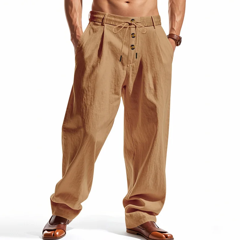 Herren Boho Leinenmischung Weite Hose mit Hoher Taille, Kordelzug, Knopfleiste, Lockerer Passform und Seitentaschen – Detail 37