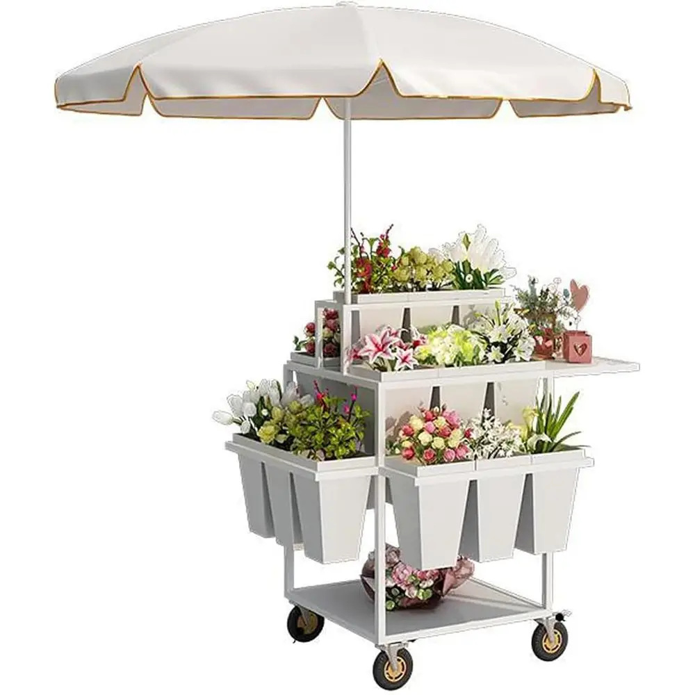 

White Metal Garden Cart with 18 Buckets, Rolling Display Rack, Ideal for Patio, Garden, Weddings, and Parties
