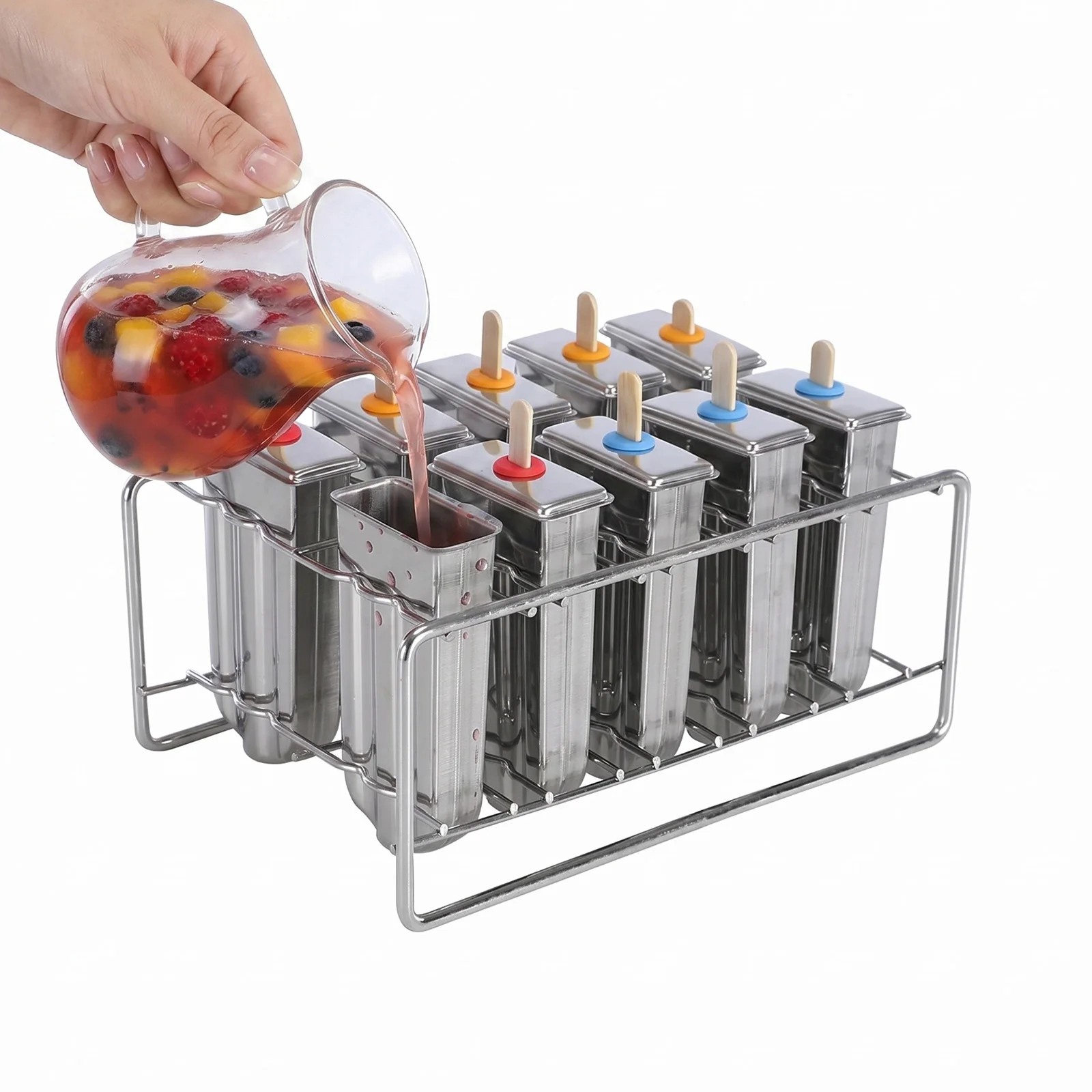 10PCS Stainless Steel Popsicle Molds and Rack with 100 Sticks 20 Bags 1 Cleaning Brush Ice Cream Popsicle Molds for Kids