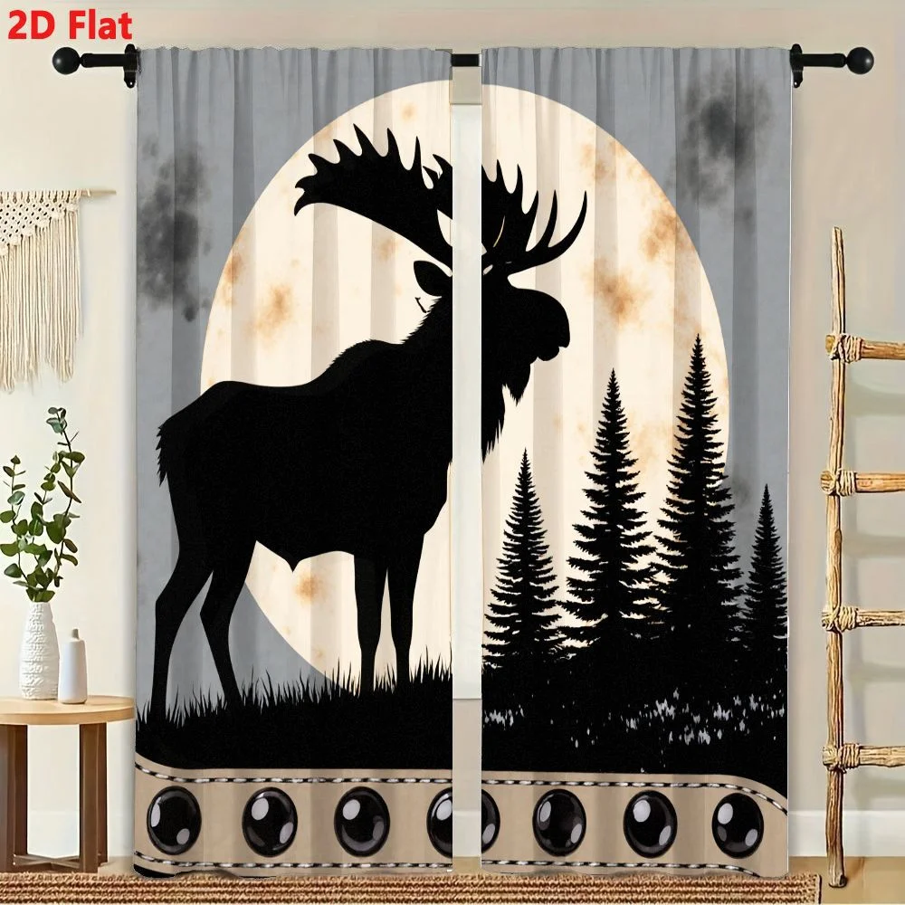 2Pcs Curtains 2D Flat Black Silhouette Moose With Antlers In Grassy Area Pale Yellow Moon With Spots Gray Sky Dark Clouds Evergr 3