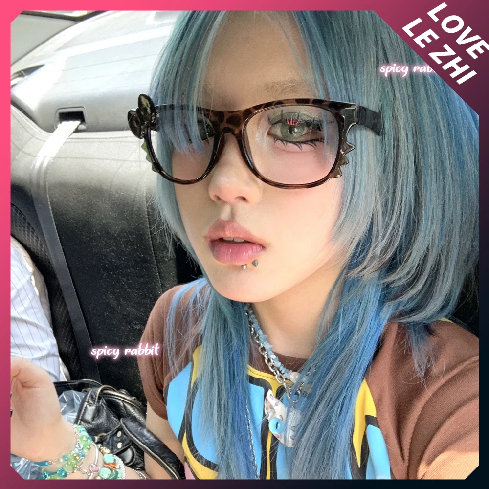 Y2K Fashion Leopard Print Bow Spice Girl Glasses Fashion Vintage Cartoon Large Oval Frame Eyeglasses Without Lenses Glasses