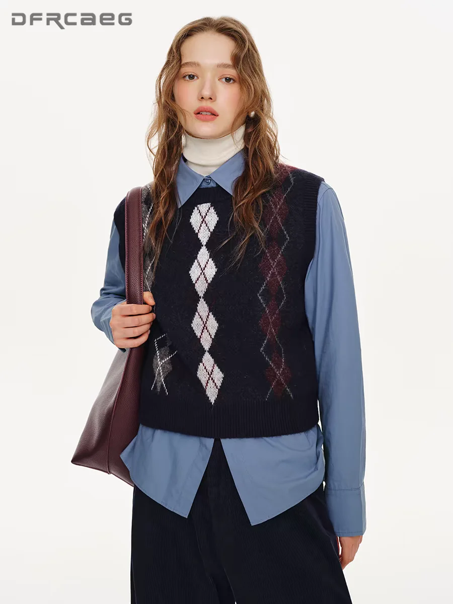 

College Style Retro Geometric Patchwork Weater Vest For Women Autumn Winter Sleeveless Knitted Pullover Top
