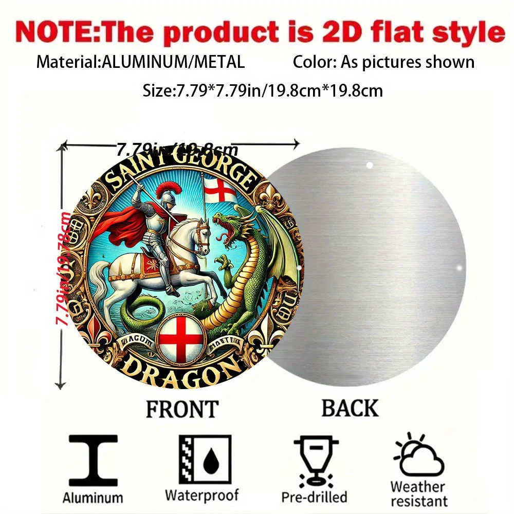 2D Flat, Saint George Slays Dragon Wall Plaque - Retro Medieval Aluminum Sign Suitable for Indoor/Outdoor Decor, Durable Theme