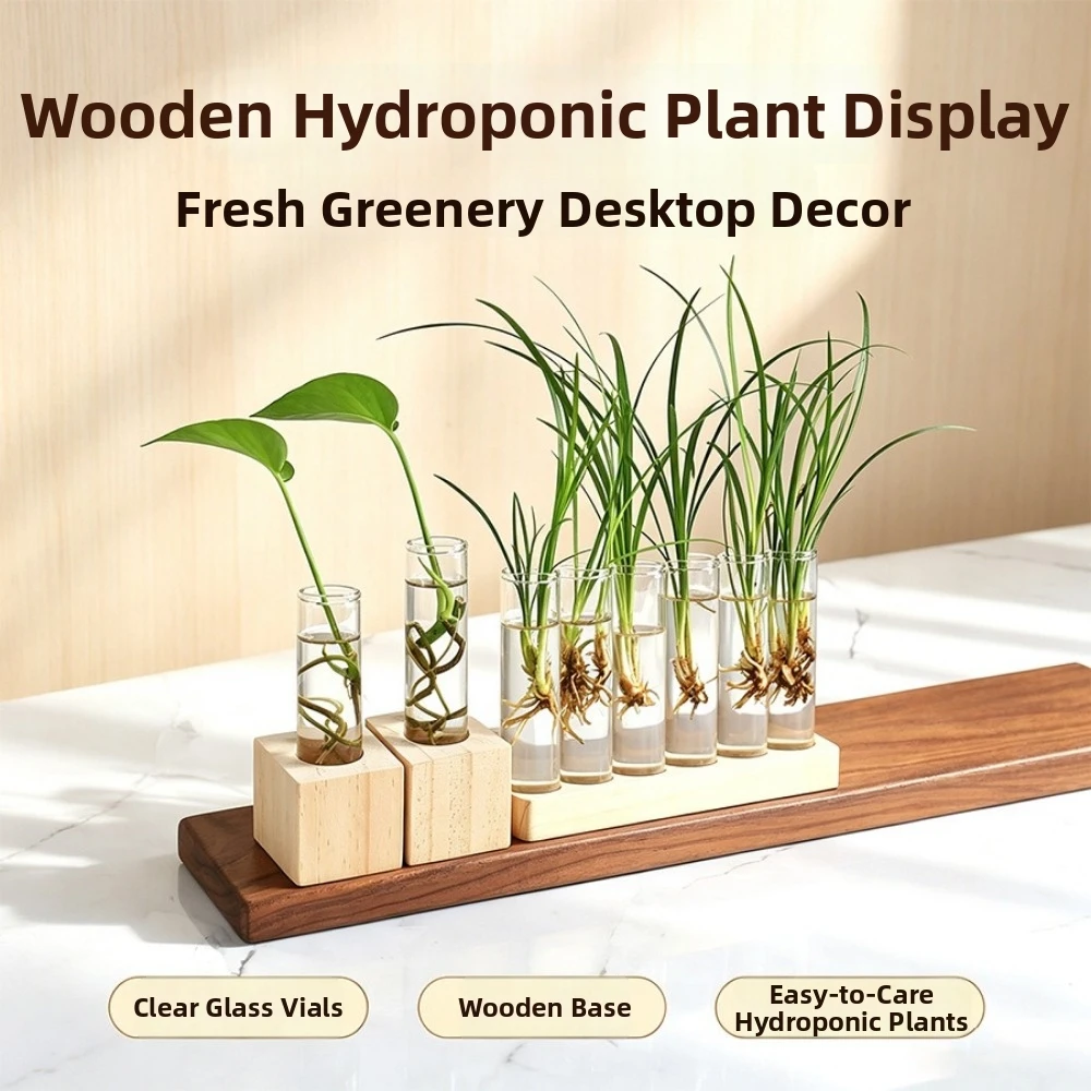 Vase à fleurs hydroponique en bois, décoration minimaliste pour la maison, vase en tube de verre, ornements de bureau, support à fleurs au design créatif