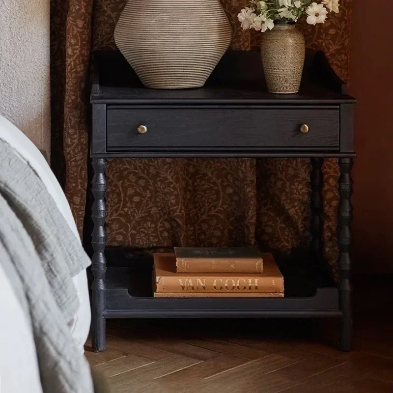 

French retro style all solid wood bedside artistic sense bedroom simple small coffee table creative carving edge table free