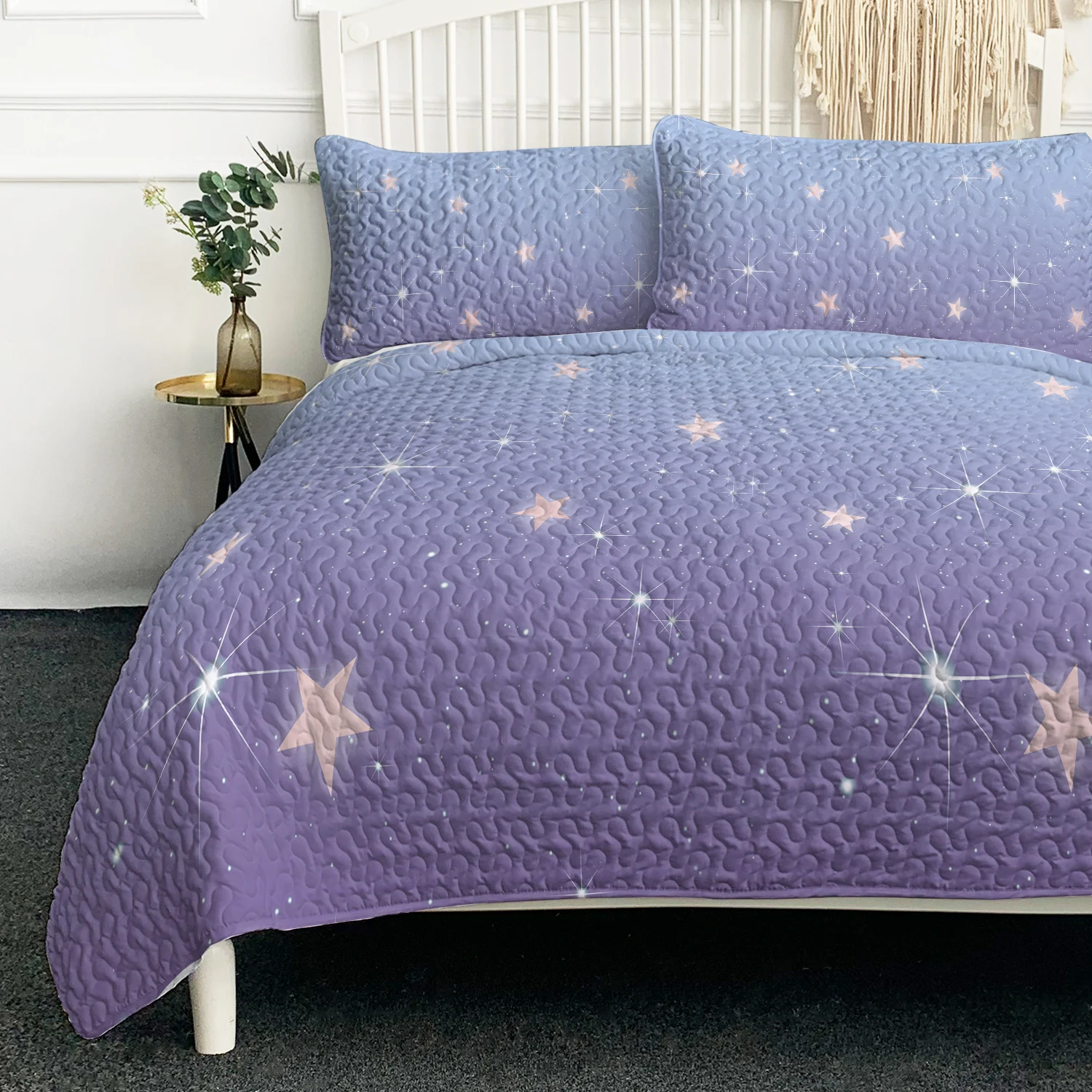 

Modern Purple Cloud Sparkle Galaxy Twinkle Starlight Printed Quilt Set For Girls Bedroom Bed Comforter With 2 Pilowcases