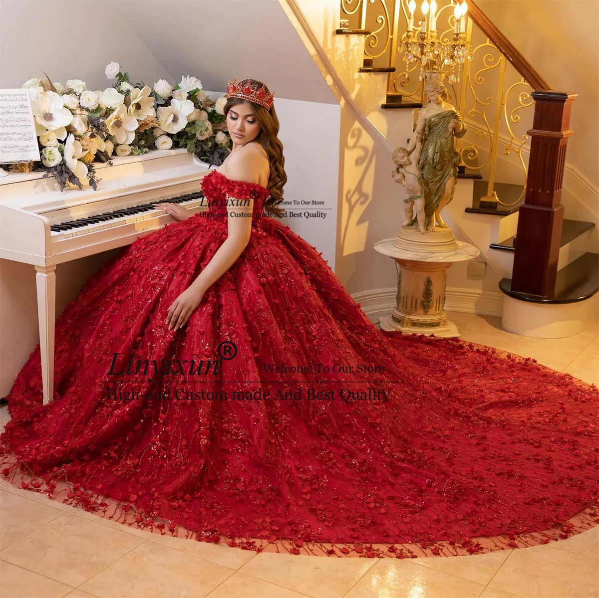 Red Quinceanera Dress Ball Gown 3D Flower Corset Lace Appliques Beaded Sweet 16 Dress Off The Shoulder Vestidos De 15 Anos